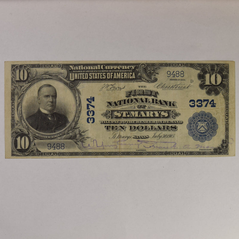 Kansas $10.00 1902 Plain Back First National Bank of St. Marys, KS CH