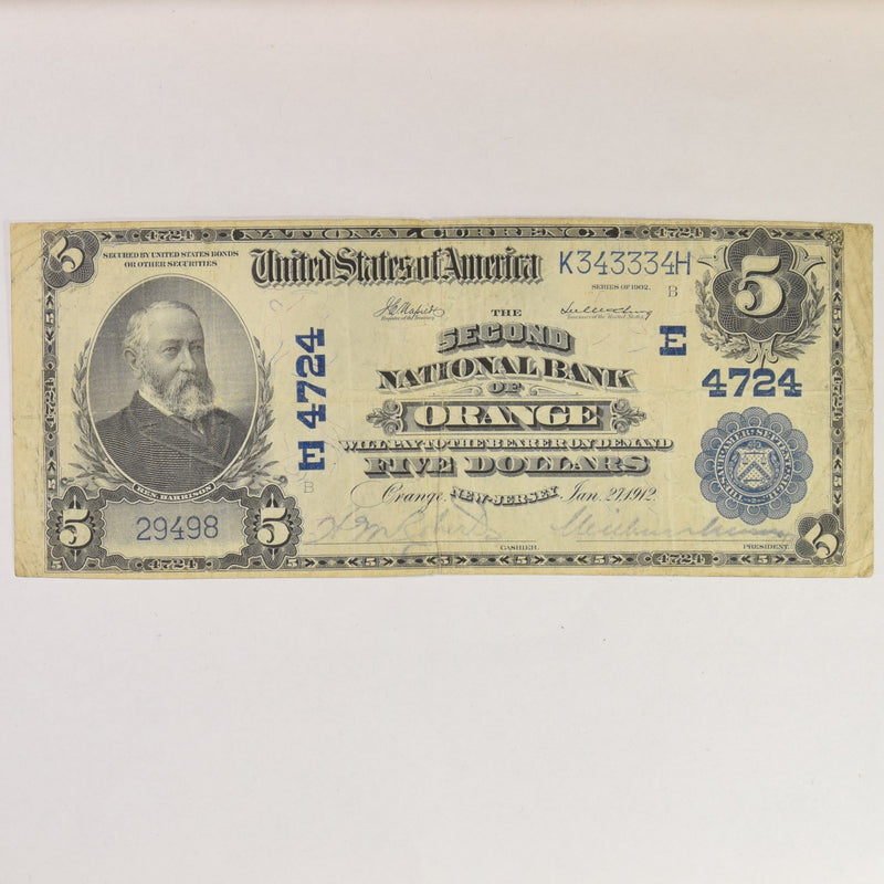 New Jersey $5.00 1902 Plain Back The Second National Bank of Orange, NJ CH