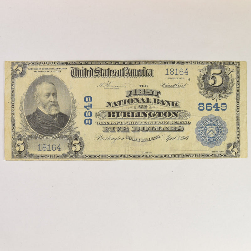 North Carolina $5.00 1902 Plain Back The First National Bank of Burlington, NC CH