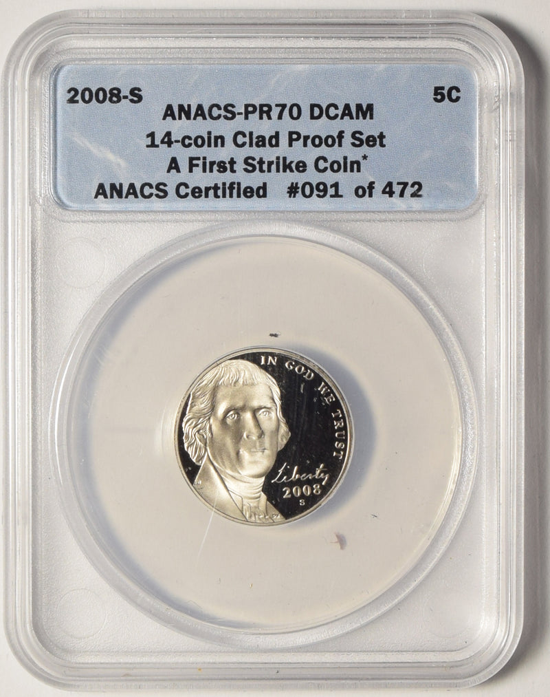 2008-S Jefferson Nickel . . . . ANACS PR-70 DCAM from 14-coin Clad Proof Set A First Strike Coin