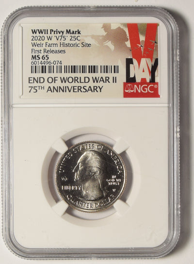 2020-W -V75- Washington Quarter . . . . NGC MS-65 Weir Farm Historic Site First Releases WWII Privy Mark End of World War II 75th Anniversary