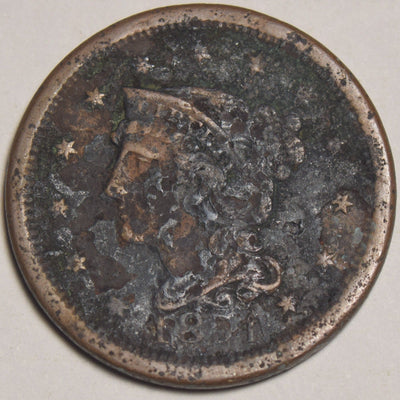 1851 Braided Hair Large Cent Fine corrosion