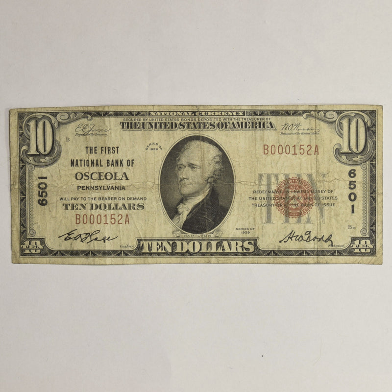 Pennsylvania $10.00 1929 Type 1 The First National Bank of Osceola, PA CH