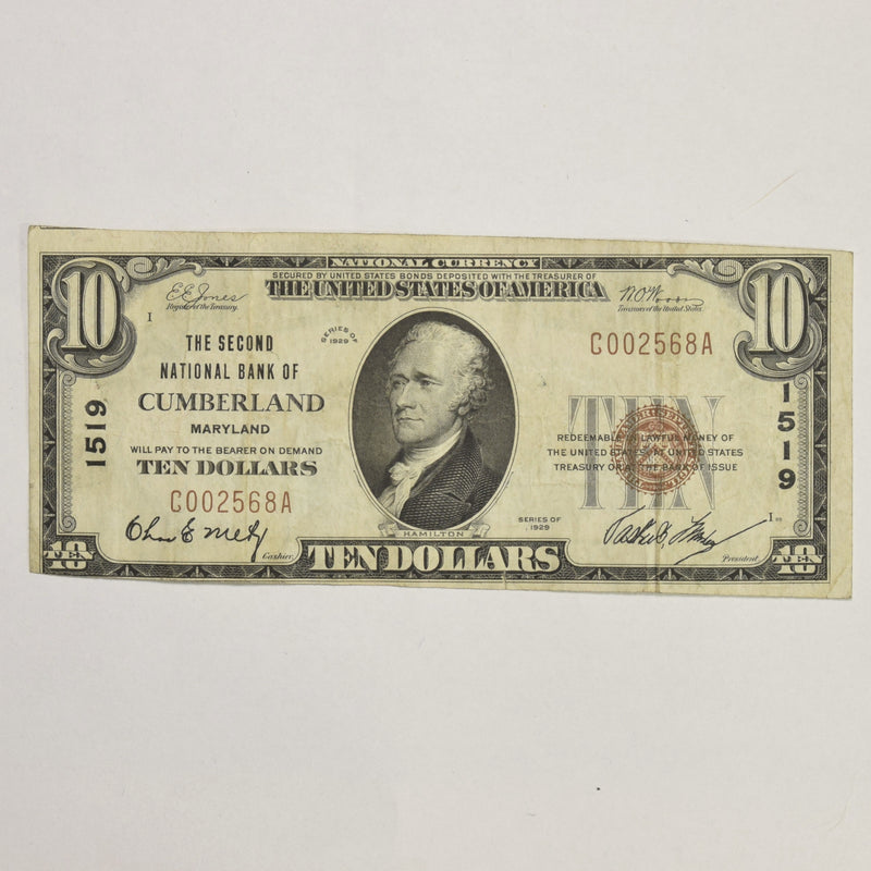 Maryland $10.00 1929 Type 1 The Second National Bank of Cumberland, MD CH