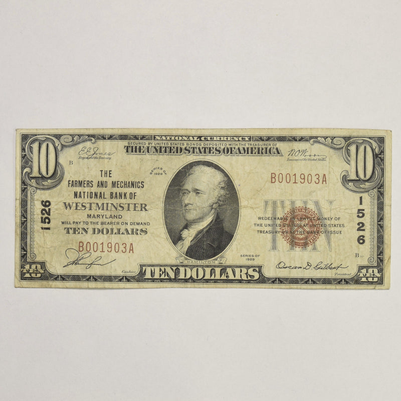 Maryland $10.00 1929 Type 2 The Farmers and Mechanics National Bank of Westminster, MD CH