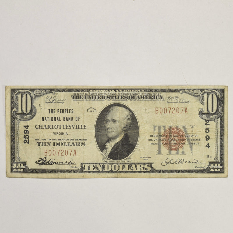 Virginia $10.00 1929 Type 1 The Peoples National Bank of Charlottesville, VA CH