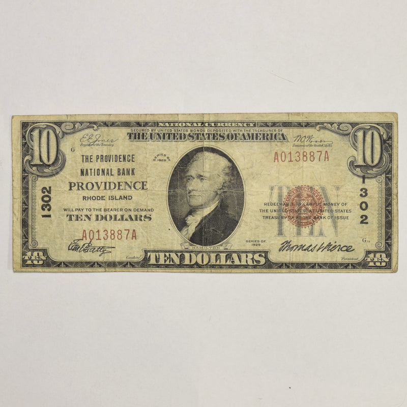 Rhode Island $10.00 1929 Type 1 The Providence National Bank Providence, RI CH