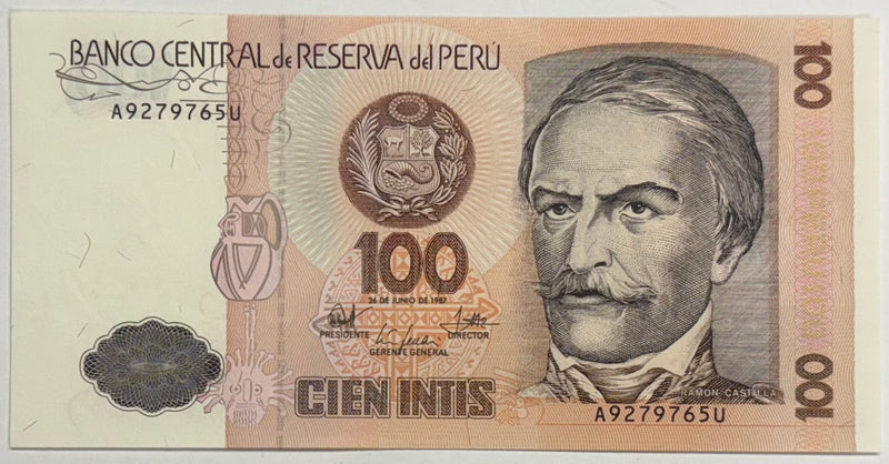1987 Peru 100 Intis . . . . About Uncirculated/Choice Uncirculated
