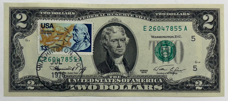 1976 $2.00 Federal Reserve Note First Day of Issue Stamp . . . . Choice Crips Uncirculated