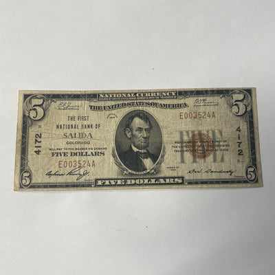 Colorado $5.00 1929 Type 1 The First National Bank of Salida, CO CH# 4172 Fine/VF