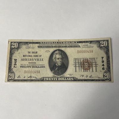 Indiana $20.00 1929 Type 1 The Shelby National Bank of Shelbyville, IN CH# 7946 Extremely Fine