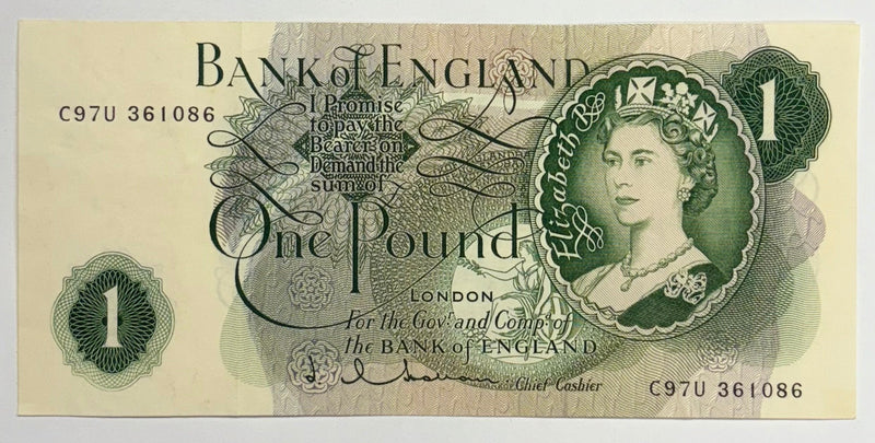 Queen Elizabeth British 1 Pound Note 1960-1978 . . . . Fine or Better
