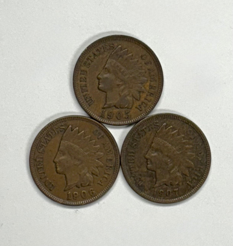 1905, 1906 & 1907 Indian Cent Trio . . . . XF/AU