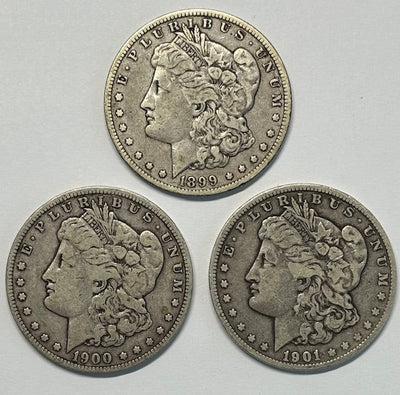 3 Different   New Orleans Mint Morgan Dollars   1899-O, 1900-O and 1901-O .... Very Fine