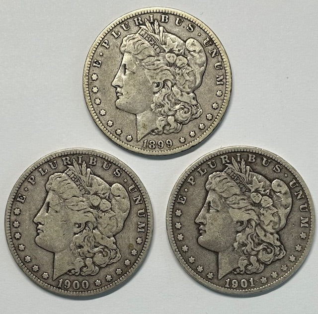 3 Different   New Orleans Mint Morgan Dollars   1899-O, 1900-O and 1901-O .... Very Fine