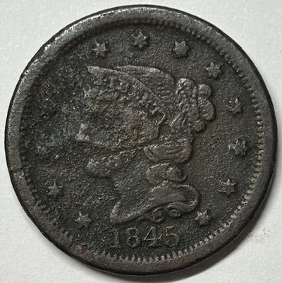 1845 Braided Hair Large Cent VF badly corroded