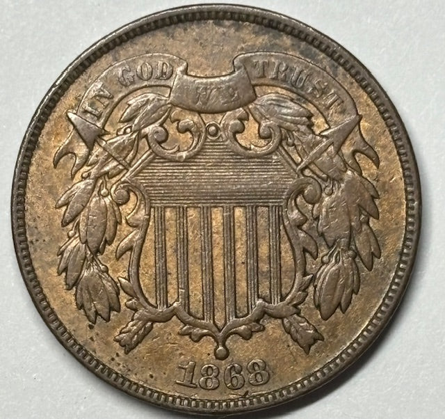 1868 Two Cent Piece Select Uncirculated Brown