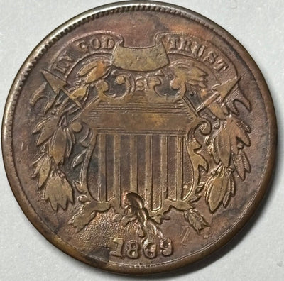1869 Two Cent Piece VG obverse hit