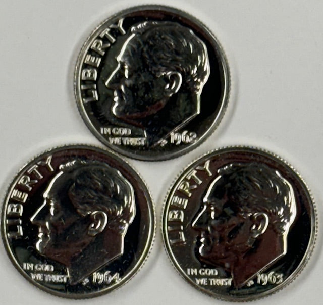 1962, 1963 and 1964 Proof Roosevelt Dime Trio....  Gem Brilliant Proof