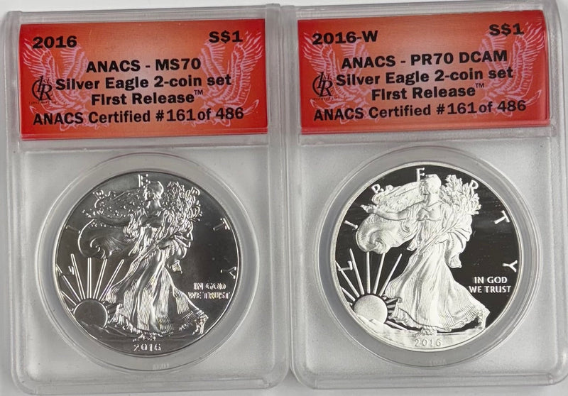 2016-W Silver Eagle BU and Proof ANACS PR-70 DCAM First Release Silver Eagle 2-coin set 