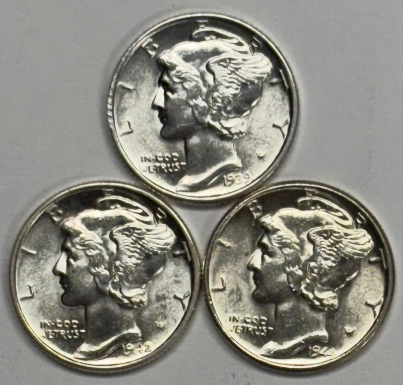 1939, 1942 and 1944 Mercury Dime Trio . . . . Select Brilliant Uncirculated