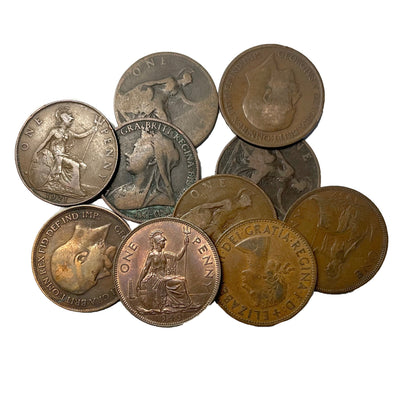 10 Different British Large Size Pennies VG to VF and one BU