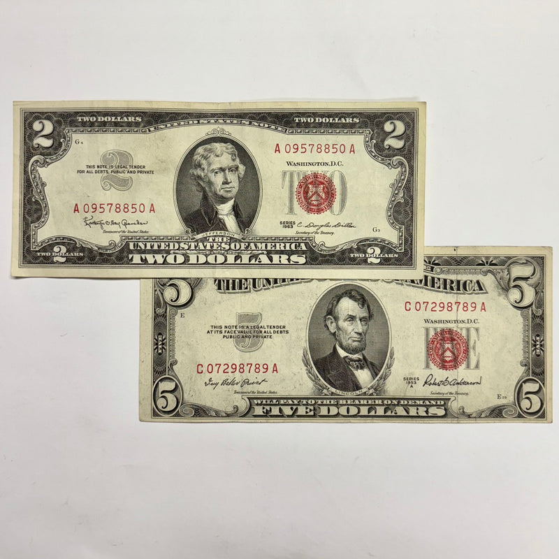 $2.00 and $5.00 U.S. Red Seal Notes Pair . . . . VF/XF