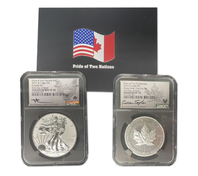 2019 Pride of Two Nations American Silver Eagle and Canada Maple Leaf Set . . . . NGC PF-70 First Day of Issue