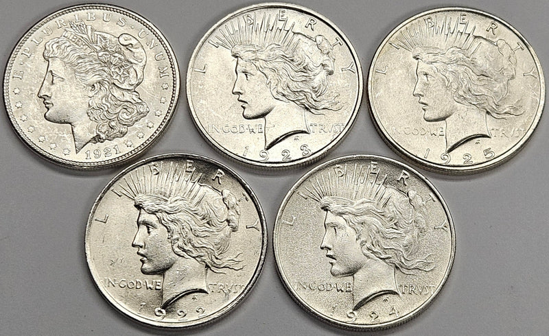 Silver Dollar Hoard 1921 Morgan 1922, 23, 24, 25 Peace Dollars . . . . Brilliant Uncirculated