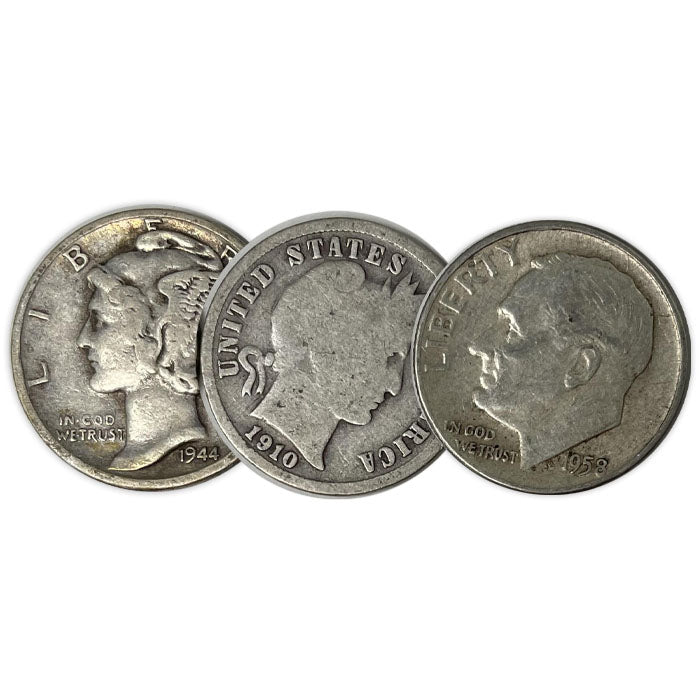 3 Different Types of 90% Dimes: Barber, Mercury and Roosevelt . . . . Average circulated