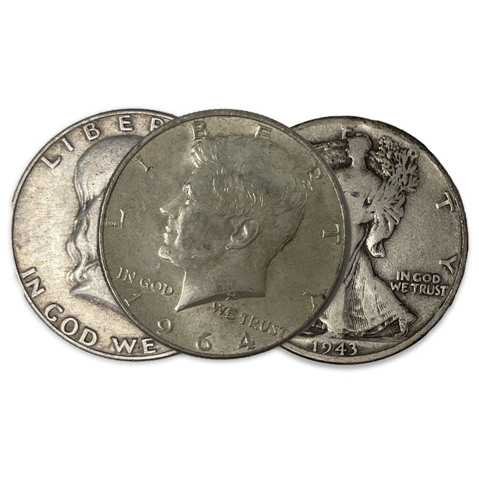 3 Different Types of 90% Halves: Walking Liberty, Franklin and Kennedy Average circulated