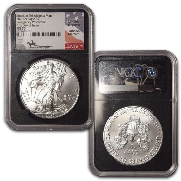 2020 (P) Silver Eagle NGC MS 70 Emergency Production Mercanti Signed Retro Holder