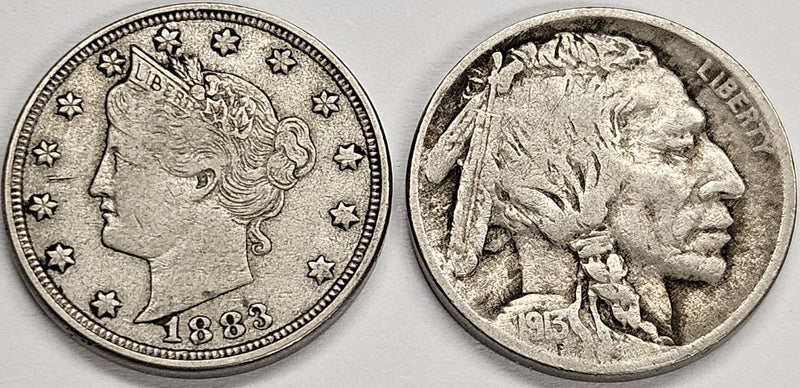 1983 No Cents Liberty & 1913 Type 1 Buffalo Nickel Pair . . . . VF