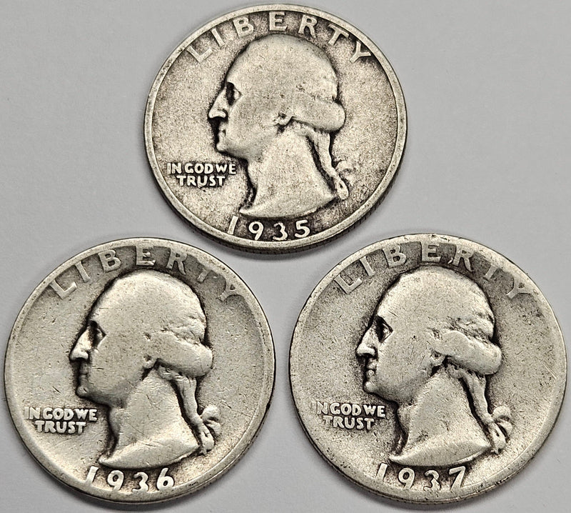 1935/1936/1937 Silver Washington Quarter Trio . . . . Good