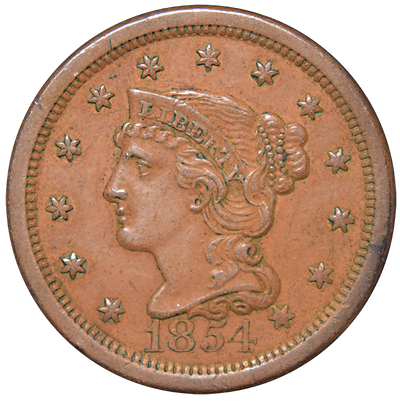 1854 Braided Hair Large Cent . . . . Select Uncirculated Brown