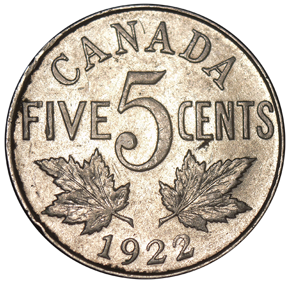 1922 Far Rim Canadian 5 Cents . . . . Choice About Uncirculated