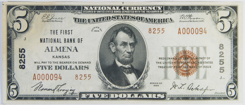 Kansas $5.00 1929 Type 2 The First National Bank of Almena, KS CH