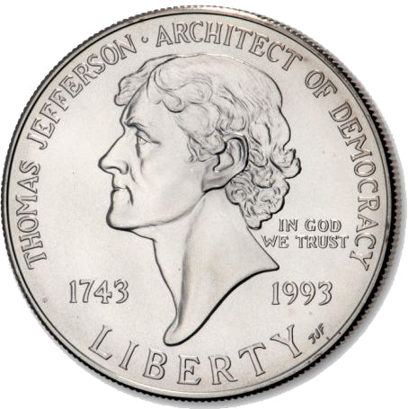 1993-P Jefferson 250th Anniversary Silver Dollar . . . . Gem BU in original U.S. Mint Capsule