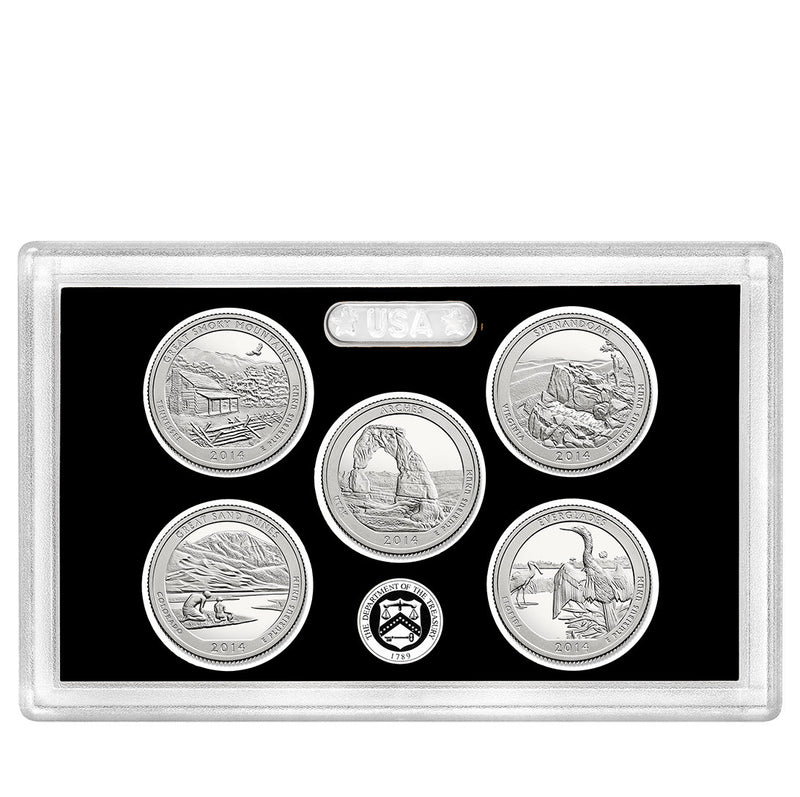 2014-S Silver America the Beautiful Quarter 5-coin Proof Set . . . . Superb Proof Silver