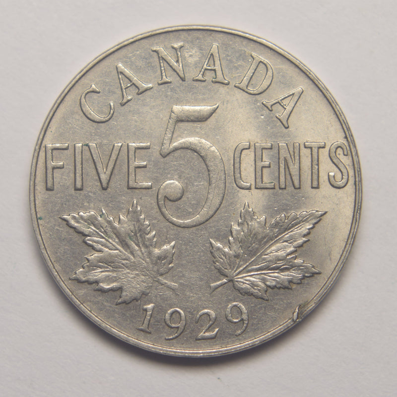 1929 Canadian 5 Cents . . . . AU rim cut