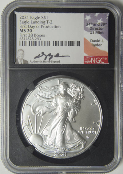 2021 Type 2 Silver Eagle . . . . NGC MS-70 First Day of Production First 38 Boxes Retro Holder Mint Director David J. Ryder Autograph