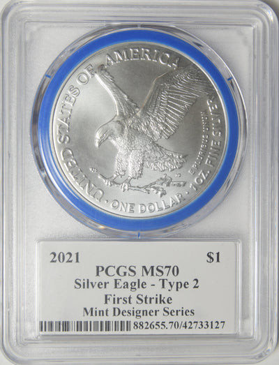 2021 Type 2 Silver Eagle . . . . PCGS MS-70 First Strike Mint Designer Series Emily Damstra Autograph