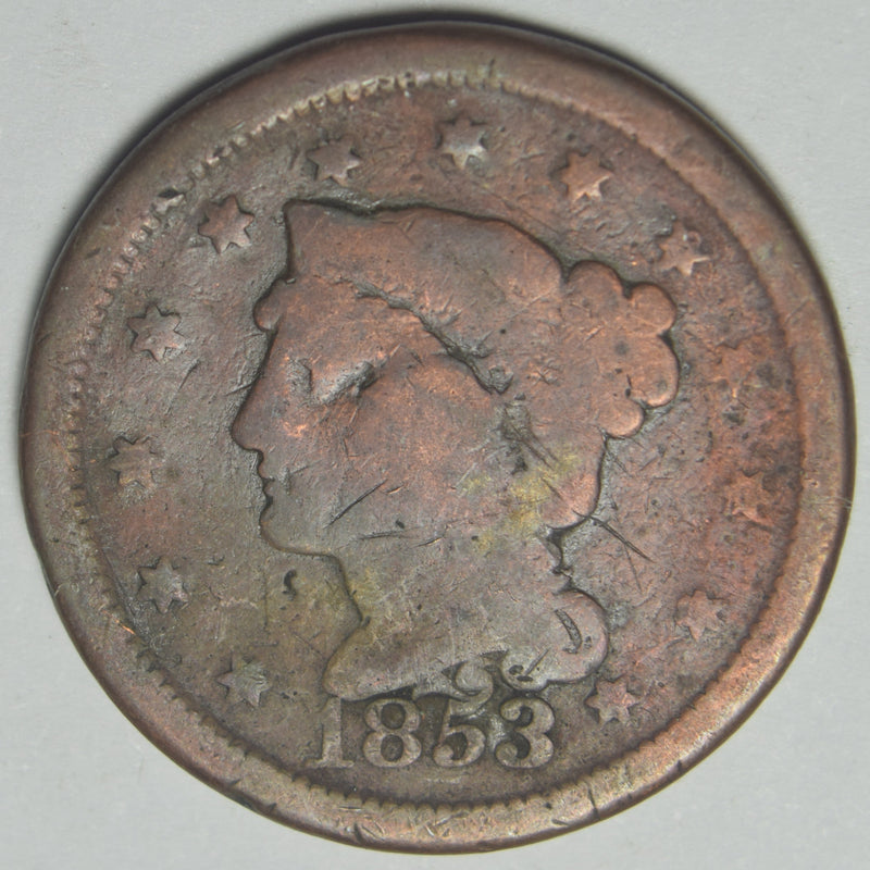 1853 Braided Hair Large Cent  . . . . VG partial hole