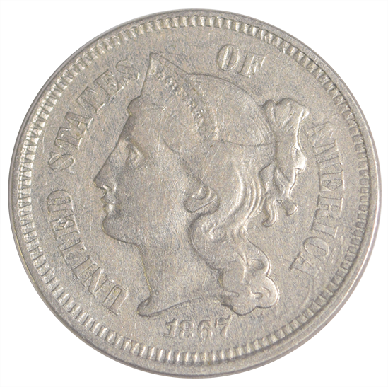 1867 Nickel Three Cent Piece . . . . Choice About Uncirculated