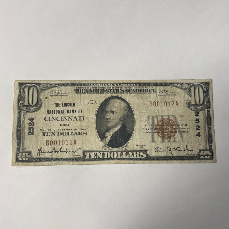 Ohio $10.00 1929 Type 1 The Lincoln National Bank of Cincinnati, OH CH
