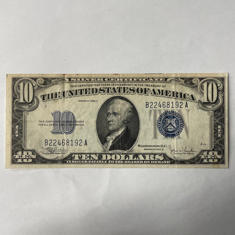 $10.00 1934 C Silver Certificate . . . . Choice About Uncirculated