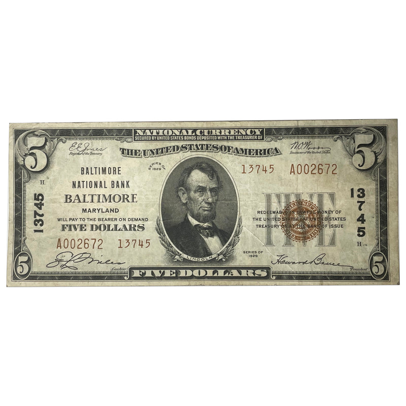 Maryland $5.00 1929 Type 2 Baltimore National Bank Baltimore, MD CH